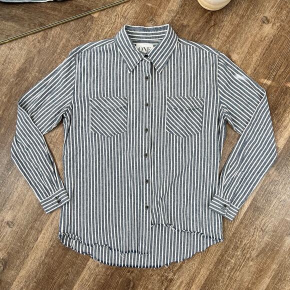 One X One Teaspoon Striped Asymmetric Button Up Fray Hem Shirt - Picture 1 of 5